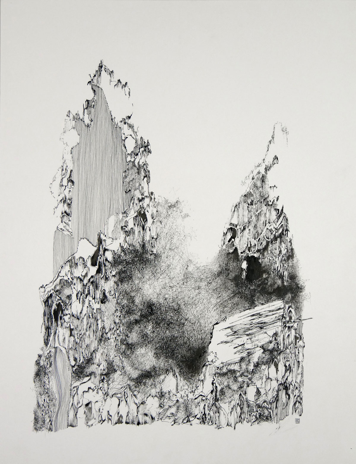 Dessin à l'encre de chine intitulé Abysses par Natacha Baluteau : une œuvre sur papier explorant les profondeurs minérales avec des hachures fines et des noirs denses.