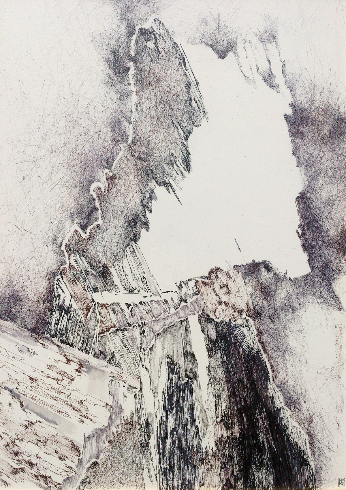 Dessin à l'encre sur papier, intitulé Substrat par Natacha Baluteau : une composition abstraite jouant sur la densité du trait, les contrastes de noir et blanc et des zones de réserve lumineuses.