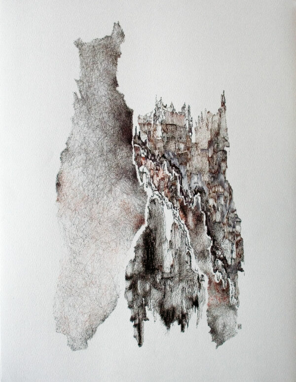 Dessin contemporain Seconde peau par Natacha Baluteau : encres sur papier présentant une forme organique bicolore, entre ombres de hachures et textures déchirées.