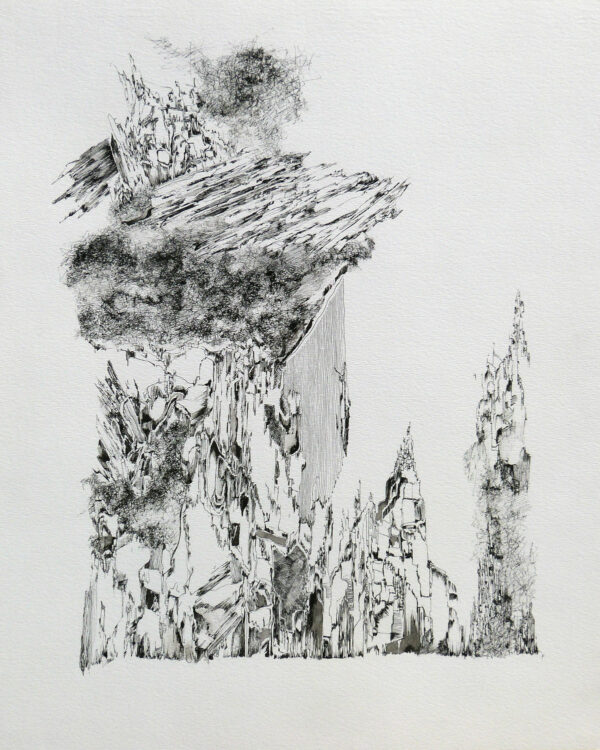 Dessin contemporain de Natacha Baluteau réalisé à la plume et à l'encre de Chine sur papier blanc. L'œuvre représente une formation minérale abstraite et verticale évoquant un édifice de roche sculptée par le trait. Des strates de hachures denses et de motifs organiques créent une structure complexe et fragmentée qui semble s'élever et se dissoudre dans l'espace vide.