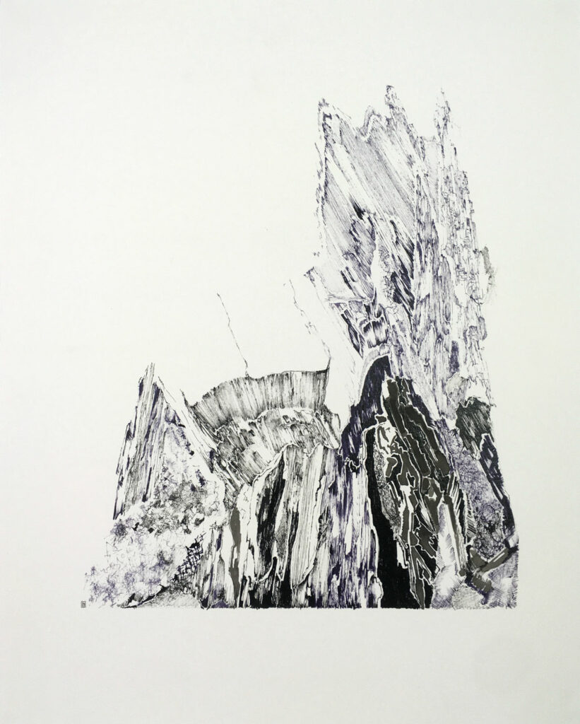 Œuvre graphique contemporaine intitulée Substrat par Natacha Baluteau : accumulation arachnéenne et dense de traits à l'encre sur papier, évoquant l'érosion minérale.