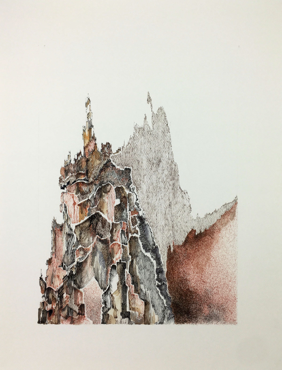 Dessin à l'encre à micro-pigments de Natacha Baluteau, intitulé 'Au-dedans'. L'œuvre représente une forme verticale ascendante évoquant une coupe géologique ou une paroi rocheuse. La composition est structurée par des hachures denses dans des tons d'ocre rouge, de brun et de gris sombre, révélant des cavités et des reliefs minéraux sur un fond de papier blanc pur.