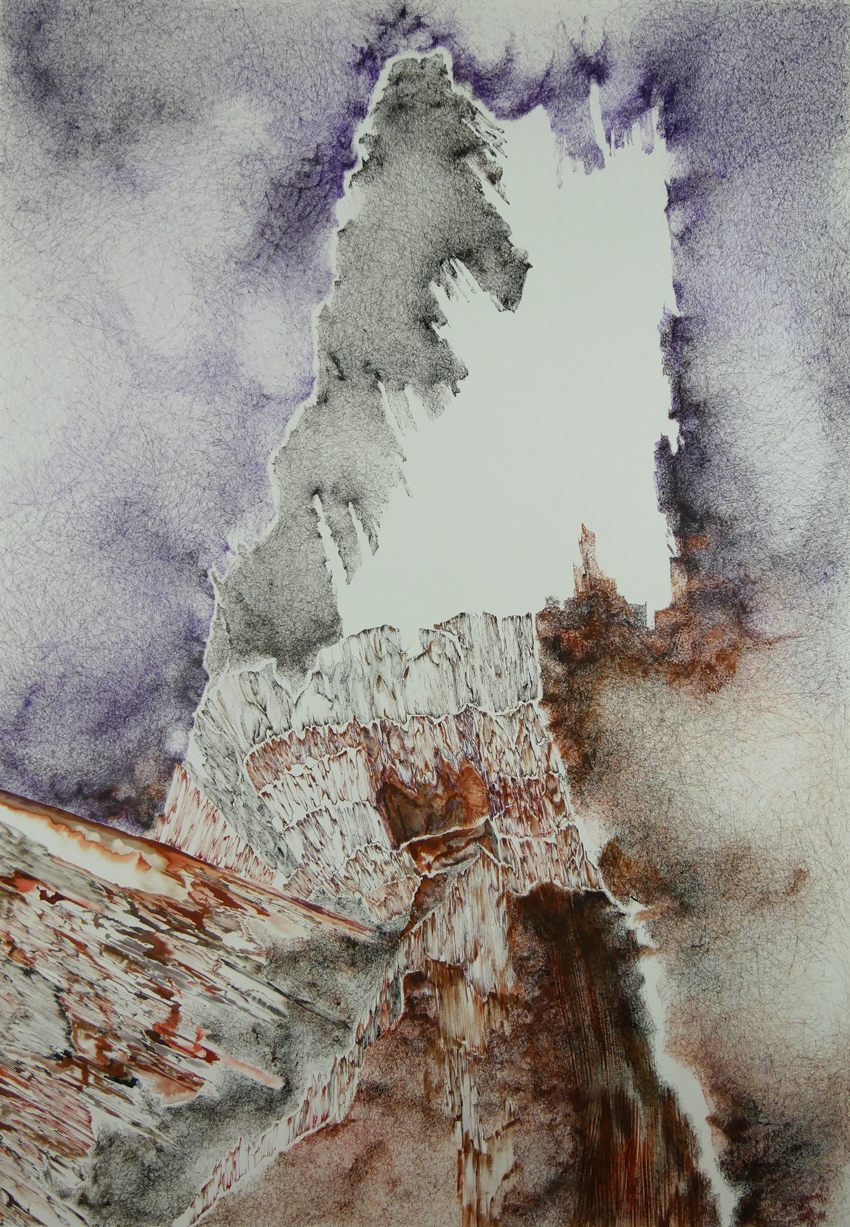 Dessin contemporain intitulé Substrat par Natacha Baluteau : exploration de textures organiques et minérales aux encres pigmentées sur papier. Œuvre unique grand format.