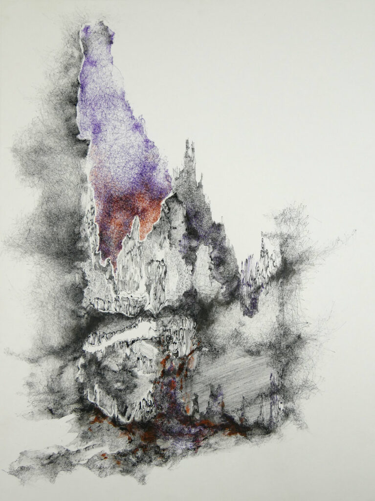 Dessin contemporain Seconde peau par Natacha Baluteau : encres sur papier aux nuances violettes et terreuses, travail autour du fragment et la matière vivante.