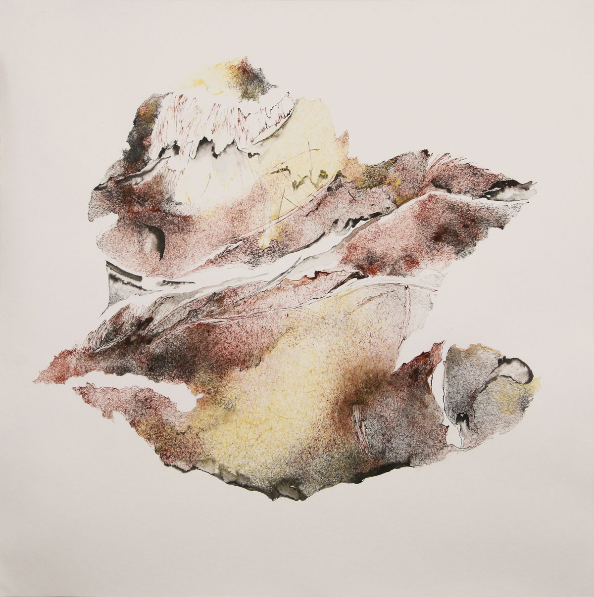 "Dessin contemporain aux encres sur papier de Natacha Baluteau, œuvre abstraite 'Où nous sommes' explorant les textures minérales et le geste graphique."